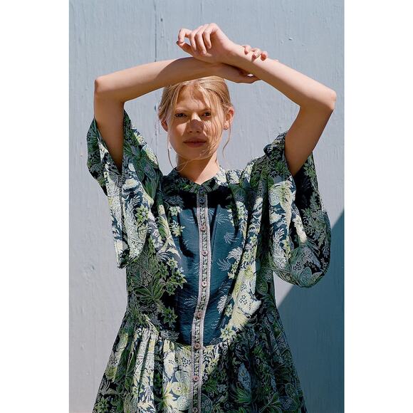 Anthropologie NWT Blue and Green Button Up Janelle Tunic Oversized Dress Small - Picture 3 of 15